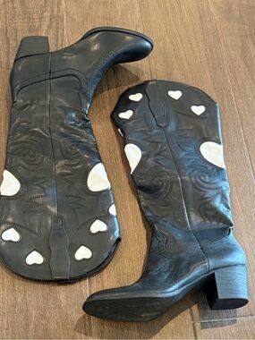Black Leather Knee-High Boots with White Heart Accents